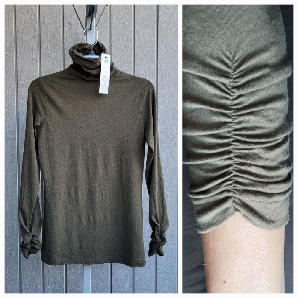 Kersh Essentials | Ruched Lyocell-Stretch Turtleneck Women's Small Olive NEW